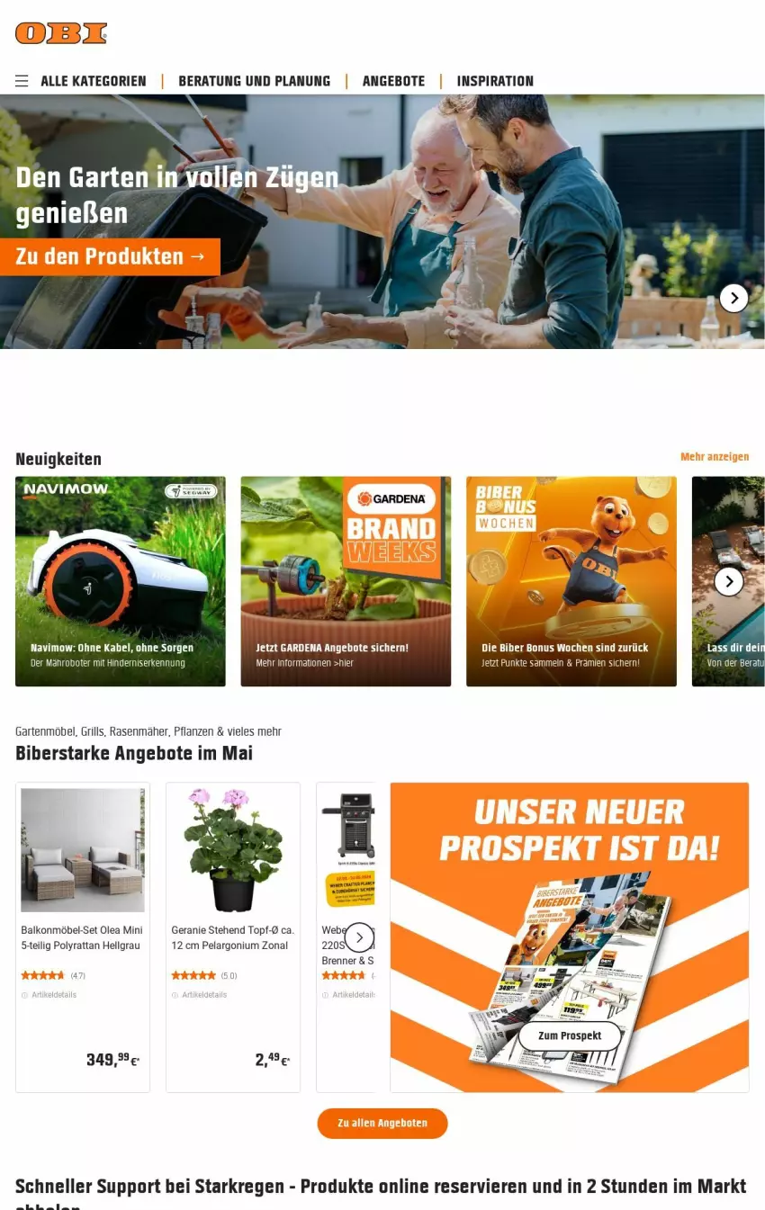 Aktueller Prospekt Obi - Prospekte - von 28.05 bis 05.06.2024 - strona 1 - produkty: angebot, angebote, elle, Garten, gartenmöbel, geranie, grill, LG, mam, möbel, Pelargonium, pflanze, pflanzen, rasen, rasenmäher, Ti, topf, weber