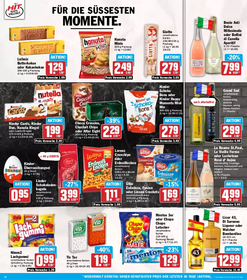 Aktueller Prospekt Hit - Wochenprospekt - von 27.10 bis 01.11.2025 - strona 12 - produkty: after eight, alkohol, aperitif, asti, Bau, beutel, butter, butterkeks, chips, choclait chips, choco crossies, chupa, chupa chups, crossies, crunchips, eis, ente, erdnüsse, flasche, frucht, giotto, grand sud, hanuta, kakao, keks, kekse, Kinder, Kugel, lachgummi, leibniz, licor, licor 43, lindor, linsen, liqueur, lorenz, lorenz crunchips, Lutscher, mentos, nimm2, nutella, reis, riegel, saro, schoko, schokolade, schokoladen, sim, Ti, ültje, ültje erdnüsse, ZTE