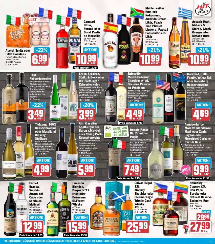 Aktueller Prospekt Hit - Wochenprospekt - von 27.10 bis 01.11.2025 - strona 13 - produkty: amaro, Amaro del Capo, amarula, aperol, asbach uralt, asti, Bad, bio, burger, burgunder, cabernet, campari, Cap, chardonnay, cocktail, cocktails, Cognac, Corsaire, dell, doppio passo, eis, ente, entrecôte, Fernet, fernet branca, finesse, flasche, frucht, früchte, früchten, gallo, gallo family, jameson, kokos, kokosnuss, likör, lillet, Malibu, mars, merl, merlot, Metaxa, Molinari, moselland, nederburg, nuss, orange, ouzo, passionsfrucht, passo, pfirsich, primitivo, rebsortenweine, regal, reis, riesling, rum, saft, sambuca, spätburgunder, Ti, tuc, wein, weine, whisky, yellow tail, Yo, zonin, ZTE