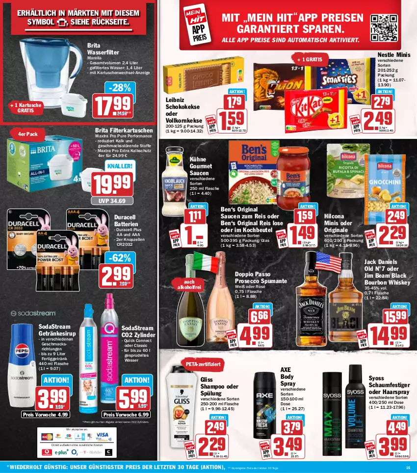 Aktueller Prospekt Hit - Wochenprospekt - von 27.10 bis 01.11.2025 - strona 15 - produkty: alkohol, auto, axe, batterie, batterien, beutel, body, bourbon, bourbon whiskey, brita, doppio passo, ecco, eis, elle, filterkartuschen, flasche, getränk, getränke, getränkesirup, gin, gliss, haarspray, hilcona, jack daniel, jack daniels, jim beam, keks, kekse, kochbeutel, korn, Kühne, lack, leibniz, mac, Maxtra, passo, prosecco, puma, reis, rel, sauce, saucen, schaumfestiger, schoko, shampoo, shampoo oder spülung, sirup, Soda, sodastream, Sprudel, spülung, spumante, syoss, Ti, Tiere, tisch, wasser, wasserfilter, wasserfilter marella, whiskey, Yo, ZTE