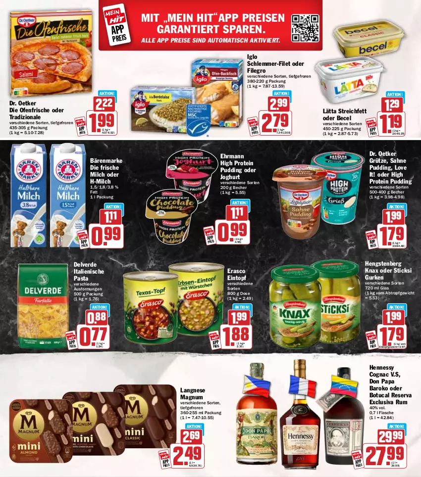 Aktueller Prospekt Hit - Wochenprospekt - von 27.10 bis 01.11.2025 - strona 18 - produkty: auto, bärenmarke, becel, Becher, Cognac, die ofenfrische, Dr. Oetker, ehrmann, eintopf, eis, erasco, erde, filegro, filet, flasche, frische milch, grütze, gurke, gurken, hengstenberg, iglo, italienische pasta, joghur, joghurt, langnese, lätta, magnum, milch, Ofen, pasta, pudding, reis, rum, sahne, schlemmer-filet, Ti, tisch, topf, tradizionale, tuc