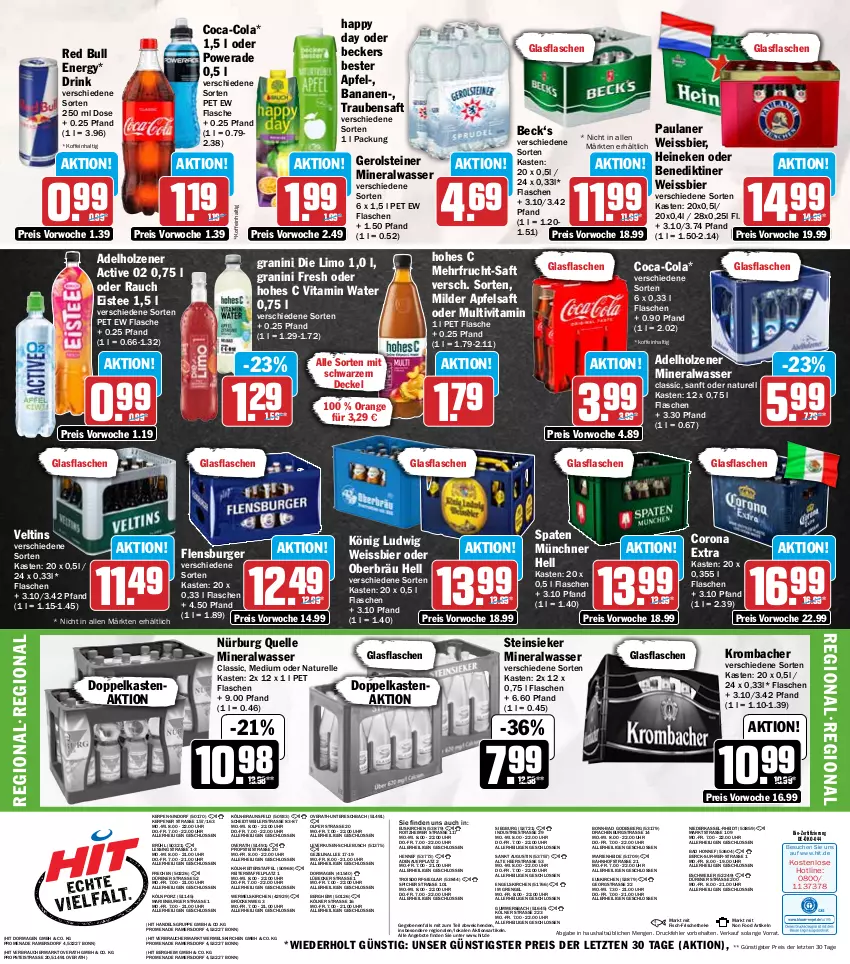 Aktueller Prospekt Hit - Wochenprospekt - von 27.10 bis 01.11.2025 - strona 19 - produkty: adelholzener, Alwa, angebot, angebote, apfel, apfelsaft, auer, Bad, banane, bananen, Beckers Bester, Benediktiner, bier, bio, braun, burger, coca-cola, cola, corona, decke, Deckel, drink, eimer, eis, eistee, elle, Engel, fisch, flasche, flensburger, frucht, gerolsteine, gerolsteiner, glasflasche, granini, granini die limo, Happy Day, heineken, Hohes C, Holz, krombache, krombacher, limo, Lübecker, mineralwasser, natur, orange, Paula, paulaner, Rauch, red bull, reis, rel, saft, Spaten, steiner, Steinsieker, tee, Ti, trauben, Traubensaft, uhr, veltins, vita, wasser, weissbier, ZTE