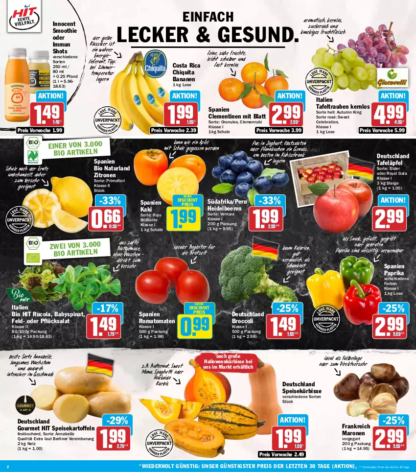 Aktueller Prospekt Hit - Wochenprospekt - von 27.10 bis 01.11.2025 - strona 2 - produkty: apfel, auer, Babyspinat, banane, bananen, beere, beeren, berliner, bio, bio hit, braten, broccoli, brot, butter, chiquita, clementinen, cola, discount, eis, elle, erde, fleisch, frucht, früchte, fruchtfleisch, grill, heidelbeere, heidelbeeren, ilag, Innocent, joghur, joghurt, Kaki, kartoffel, kartoffeln, kuchen, kühlschrank, Kürbis, mac, mam, natur, naturland, nuss, obst, paprika, Pfannkuchen, reis, Romatomaten, rucola, rwe, salat, salate, Schal, Schale, Schrank, smoothie, snack, spaghetti, speisekartoffeln, spinat, tafeläpfel, tafeltrauben, Ti, tisch, tomate, tomaten, trauben, zitrone, zitronen, ZTE, zucker