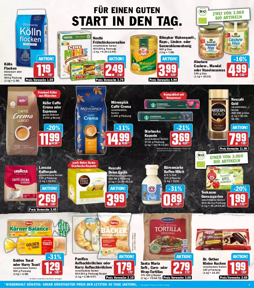 Aktueller Prospekt Hit - Wochenprospekt - von 27.10 bis 01.11.2025 - strona 3 - produkty: bärenmarke, beutel, bihophar, bio, blume, blumen, Blüte, bohne, bohnen, brötchen, caffe, Cashew, cerealien, dolce gusto, Dr. Oetker, eis, espresso, feinkost, flasche, Garten, golden toast, haselnuss, honig, käfer, kaffee, kaffeepads, kölln, kuchen, lavazza, leine, mandel, milch, mövenpick, natur, natura, Nescafé, nescafé gold, nespresso, nestlé, nuss, oder espresso, reis, Ria, sonnenblume, sonnenblumen, starbucks, tee, teekanne, Ti, toast, tortilla, tortillas, wrap, ZTE