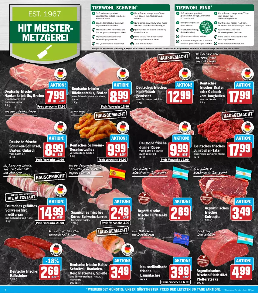 Aktueller Prospekt Hit - Wochenprospekt - von 27.10 bis 01.11.2025 - strona 4 - produkty: auer, Bau, Bauer, bio, braten, eis, ente, entrecôte, filet, fleisch, Geflügel, geschnetzeltes, gulasch, hackfleisch, hackfleisch gemischt, hüftsteak, hüftsteaks, jungbullen, Kalbsleber, kalbsschnitzel, Käse, Kette, kotelett, lachs, lamm, lammlachse, Meister, milch, monitor, nackenkoteletts, natur, pfeffer, pute, reis, Ria, rind, rinder, rinderfilet, ring, rouladen, Rückensteak, rückensteaks, Schal, Schale, schinken, schnitzel, schwein, schwein und rind, schweine, schweinefilet, Spezi, Sport, steak, steaks, Ti, Tiere, tisch, vom schwein und rind, wein, weine, Zelt, ZTE