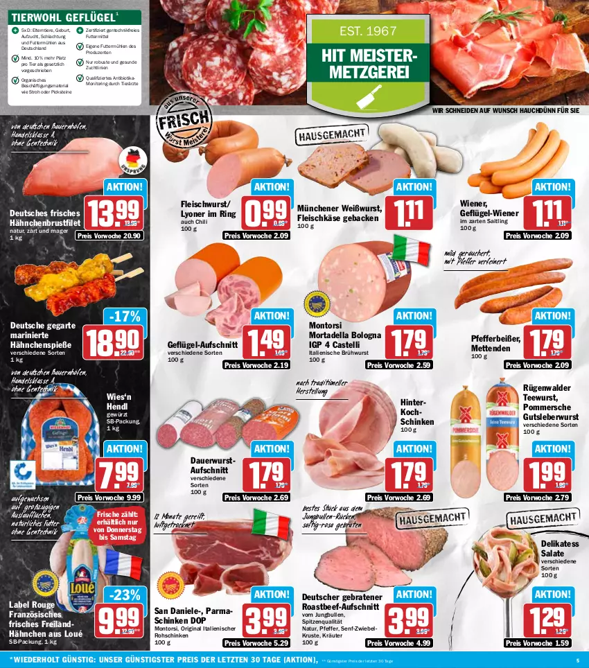 Aktueller Prospekt Hit - Wochenprospekt - von 27.10 bis 01.11.2025 - strona 5 - produkty: auer, aufschnitt, Bau, Bauer, beef, bio, braten, Brühwurst, brustfilet, chili, dell, eis, elle, ente, filet, fleisch, fleischkäse, fleischwurst, geback, Geflügel, gewürz, gin, gutsleberwurst, hähnchenbrust, hähnchenbrustfilet, Hendl, hinterkochschinken, im zarten saitling, jungbullen, Käse, kochschinken, kräuter, leberwurst, lyoner, Meister, Mett, metten, Mettenden, monitor, montorsi, mortadella, natur, parmaschinken, pfeffer, Pfefferbeißer, Pommersche, reis, Ria, ring, roastbeef, rohschinken, rouge, rügenwalder, saft, salat, salate, schinken, senf, spitzenqualität, tee, teewurst, Ti, Tiere, Weißwurst, wiener, wurst, Yo, ZTE, zwiebel