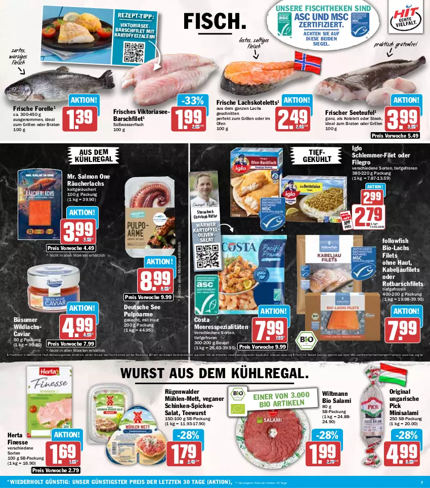 Aktueller Prospekt Hit - Wochenprospekt - von 27.10 bis 01.11.2025 - strona 7 - produkty: aqua, aus dem kühlregal, beutel, bio, braten, Caviar, eis, elle, filegro, filet, filets, finesse, fisch, fische, Fischer, fischtheke, fleisch, followfish, forelle, frischfisch, gin, grill, herta, herta finesse, ideal zum braten, ideal zum grillen, iglo, kabeljaufilet, kartoffel, kotelett, kühlregal, lachs, Mett, Ofen, olive, oliven, Räucherlachs, regal, reis, rel, Ria, Rotbarsch, rotbarschfilet, rügenwalder, rügenwalder mühle, saft, salami, salat, Schere, schinken, schlemmer-filet, schnitten, Spezi, steak, tee, teewurst, Ti, tisch, wasser, Wild, wildlachs, wiltmann, wurst, ZTE