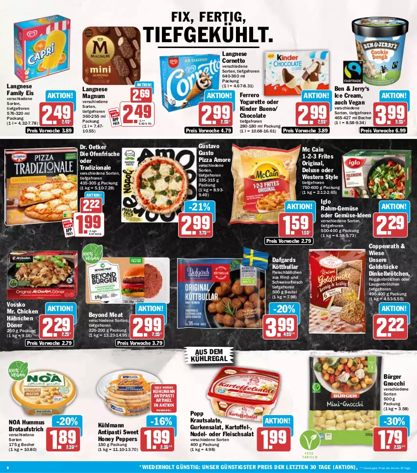 Aktueller Prospekt Hit - Wochenprospekt - von 27.10 bis 01.11.2025 - strona 8 - produkty: antipasti, asti, aufstrich, aus dem kühlregal, Becher, beutel, brot, brotaufstrich, brötchen, cola, coppenrath, cornetto, die ofenfrische, dinkelbrötchen, Dr. Oetker, eis, ferrero, fleisch, Fleischbällchen, fleischsalat, gin, gnocchi, Goldstücke, gurke, gurken, gurkensalat, hummus, iglo, kartoffel, Kinder, kinder bueno, Köttbullar, Kraut, krautsalat, kühlmann, kühlregal, langnese, magnum, mc cain, nudel, Ofen, pizza, Popp, rahm-gemüse, regal, reis, rind, roggenbrötchen, salat, salate, schwein, schweine, schweinefleisch, Ti, tradizionale, vossko, wein, weine, Weste, Yo, yogurette, ZTE