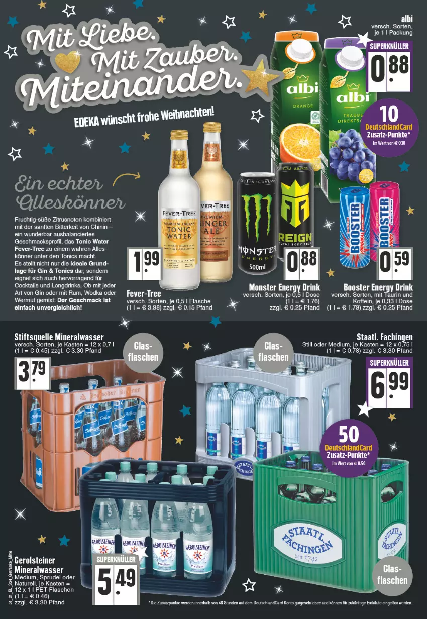 Aktueller Prospekt E Center - Angebote der Woche - von 20.12 bis 25.12.2021 - strona 24 - produkty: Alwa, deutschlandcard, drink, elle, energy drink, erde, fever-tree, flasche, frucht, gerolsteine, gerolsteiner, gin, mac, mineralwasser, monster, Monster Energy, natur, rel, rum, Sprudel, Staatl. Fachingen, steiner, Ti, tonic, tonic water, usb, wasser, wodka