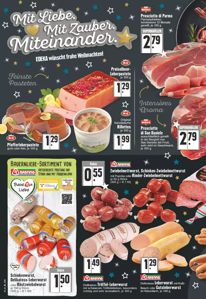 Aktueller Prospekt E Center - Angebote der Woche - von 20.12 bis 25.12.2021 - strona 6 - produkty: Bau, eis, fleisch, gin, gutsleberwurst, leberwurst, mac, Mett, mettwurst, mit paprika, natur, paprika, parmaschinken, pastete, pfeffer, prosciutto, reis, rind, rinder, schinken, schinkenwurst, Ti, tisch, Trüffel, wurst, zwiebel, zwiebelmettwurst