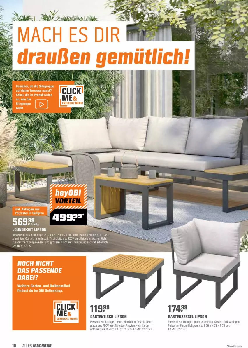 Aktueller Prospekt Obi - Prospekte - von 05.04 bis 17.04.2022 - strona 10 - produkty: Garten, gartensessel, gartentisch, Holz, HP, latte, LG, mac, sessel, Ti, tisch, tischplatte