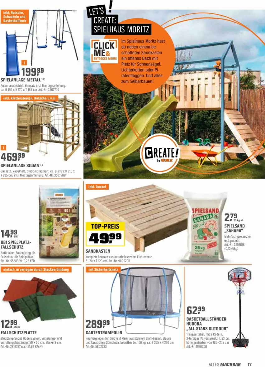 Aktueller Prospekt Obi - Prospekte - von 05.04 bis 17.04.2022 - strona 17 - produkty: ball, Bau, Elan, Garten, Holz, Kette, latte, lichterkette, mac, natur, ndk, Sandkasten, sigma, sonnensegel, spielsand, Sport, Stier, Ti, Trampolin