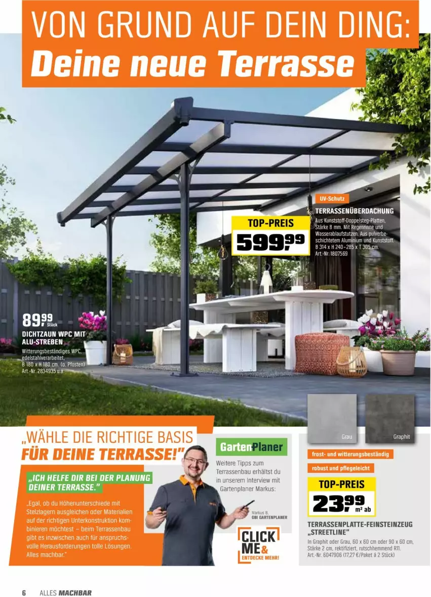 Aktueller Prospekt Obi - Prospekte - von 05.04 bis 17.04.2022 - strona 6 - produkty: Bau, eis, feinsteinzeug, Garten, latte, mac, reis, terrassenplatte, Ti, top-preis, wasser