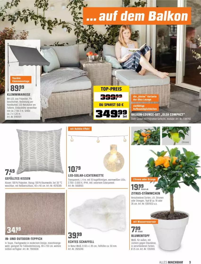 Aktueller Prospekt Obi - Prospekte - von 05.04 bis 17.04.2022 - strona 9 - produkty: Bau, blume, blumen, Kette, kissen, Klemmmarkise, Kugel, leds, lichterkette, lounge-set, mac, Mode, natur, ndk, orange, orangen, Outdoor-Teppich, paneel, Schaffell, teppich, topf, zitrone, zitronen