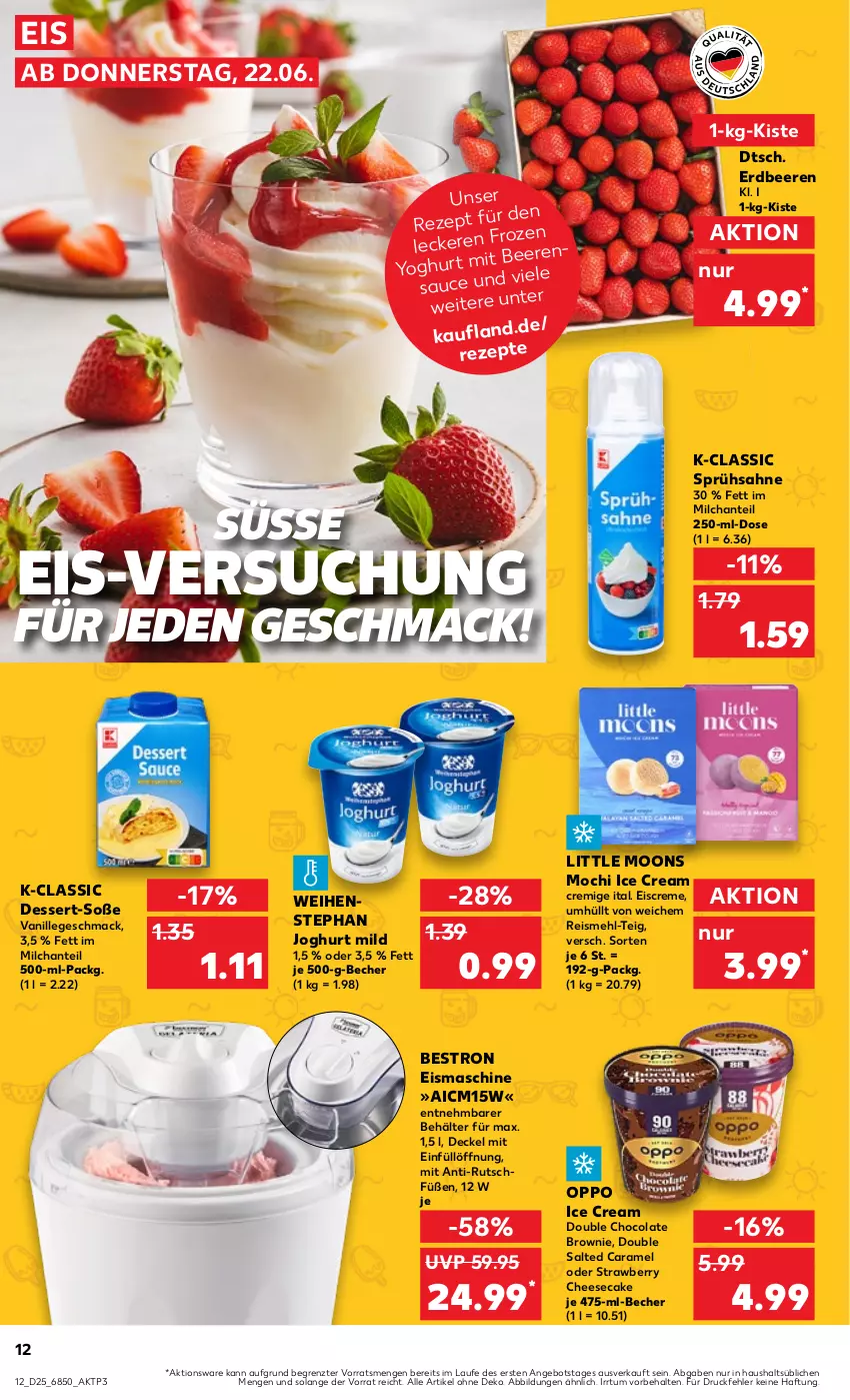 Aktueller Prospekt Kaufland - Prospekt - von 22.06 bis 28.06.2023 - strona 12 - produkty: angebot, Becher, beere, beeren, Behälter, brownie, caramel, cheesecake, cola, creme, decke, Deckel, dessert, eis, eiscreme, eismaschine, erdbeere, erdbeeren, joghur, joghurt, joghurt mild, mac, mehl, milch, Mochi, Oppo, reis, rezept, rezepte, sahne, sauce, Soße, Ti, vanille, weihenstephan, Yo, yoghurt, ZTE