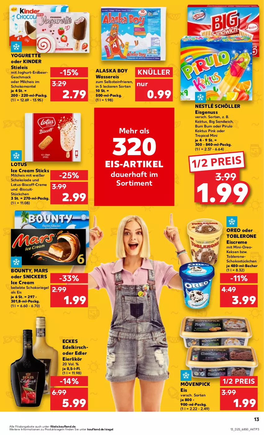 Aktueller Prospekt Kaufland - Prospekt - von 22.06 bis 28.06.2023 - strona 13 - produkty: angebot, angebote, auer, Becher, biscoff, bounty, creme, eier, eierlikör, eis, eiscreme, joghur, joghurt, keks, kekse, Kinder, kirsch, likör, mac, Mantel, mars, milch, mövenpick, mövenpick eis, nestlé, nestlé schöller, nuss, oreo, reis, riegel, sandwich, schoko, schokolade, schokoriegel, Schöller, snickers, stieleis, Ti, toblerone, wasser, wassereis, Yo, yogurette