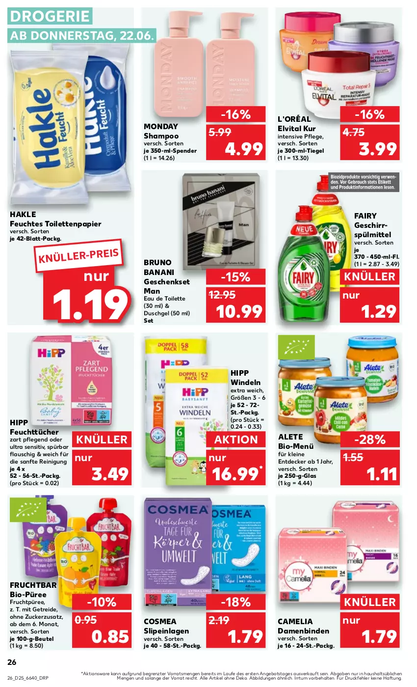 Aktueller Prospekt Kaufland - Prospekt - von 22.06 bis 28.06.2023 - strona 28 - produkty: angebot, beutel, binden, bio, bruno banani, camelia, cosmea, Damenbinden, decke, duschgel, eau de toilette, eis, elvital, fairy, feuchtes toilettenpapier, feuchttücher, frucht, geschenkset, geschirr, geschirrspülmittel, hakle, hipp, leine, papier, püree, Reinigung, shampoo, slip, slipeinlagen, spülmittel, Ti, toilettenpapier, tücher, vita, windeln, ZTE, zucker