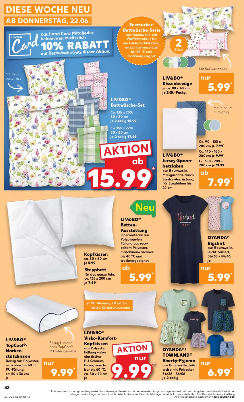 Aktueller Prospekt Kaufland - Prospekt - von 22.06 bis 28.06.2023 - strona 34 - produkty: angebot, angebote, asti, Bau, baumwolle, beko, bett, Betten, bettwäsche, eis, Ergee, kissen, kopfkissen, nackenstützkissen, Pyjama, Ria, seersucker, shirt, shorty, shorty-pyjama, spannbettlaken, steppbett, Ti, tisch, Trockner, wolle, ZTE