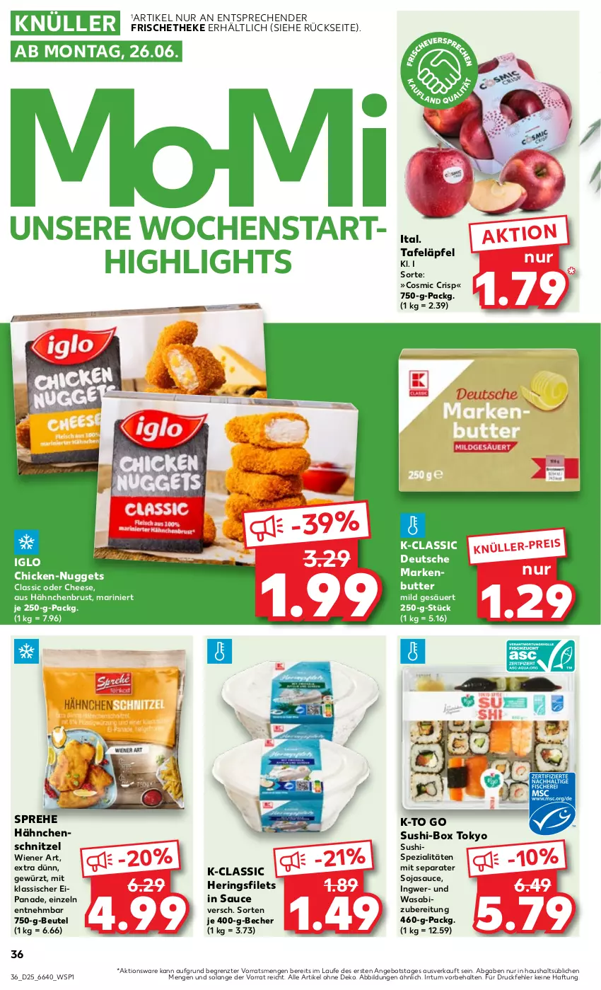 Aktueller Prospekt Kaufland - Prospekt - von 22.06 bis 28.06.2023 - strona 38 - produkty: angebot, Becher, beutel, butter, eis, filet, filets, gewürz, hähnchenbrust, Hähnchenschnitzel, hering, Herings, heringsfilets, iglo, ingwer, markenbutter, nuggets, ring, sauce, schnitzel, soja, sojasauce, Spezi, Sushi, tafeläpfel, Ti, wasa, wiener, Yo, ZTE