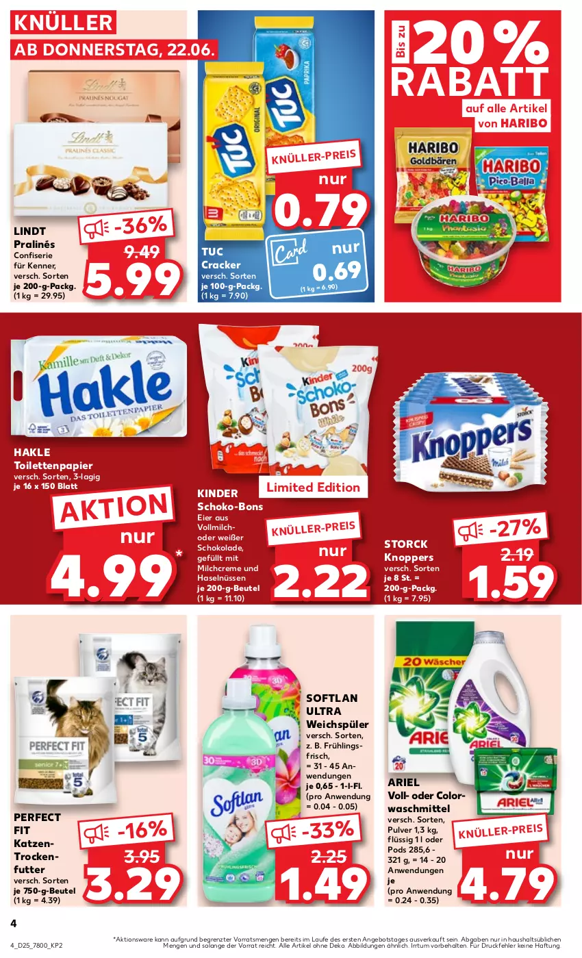 Aktueller Prospekt Kaufland - Prospekt - von 22.06 bis 28.06.2023 - strona 4 - produkty: angebot, ariel, beutel, colorwaschmittel, cracker, creme, eier, eis, hakle, hakle toilettenpapier, haribo, Katzentrockenfutter, Kinder, knoppers, lindt, milch, papier, Perfect Fit, Pods, schoko, schoko-bons, schokolade, Softlan, storck, Ti, toilettenpapier, trockenfutter, tuc, vollmilch, waschmittel, weichspüler, ZTE