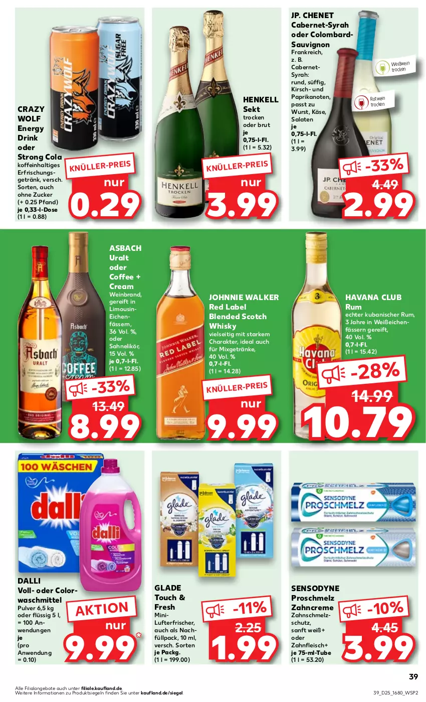 Aktueller Prospekt Kaufland - Prospekt - von 22.06 bis 28.06.2023 - strona 41 - produkty: angebot, angebote, asbach uralt, blended scotch, blended scotch whisky, brut, cabernet, cola, colorwaschmittel, creme, dalli, drink, eis, energy drink, erfrischungsgetränk, fleisch, getränk, getränke, Glade, Havana Club, henkel, henkell, henkell sekt, johnnie walker, Käse, kirsch, likör, limo, lufterfrischer, Mixgetränk, paprika, rotwein, rum, sahne, salat, salate, sauvignon, scotch, scotch whisky, sekt, sensodyne, Ti, waschmittel, wein, weinbrand, Weißwein, whisky, wurst, zahncreme, zucker