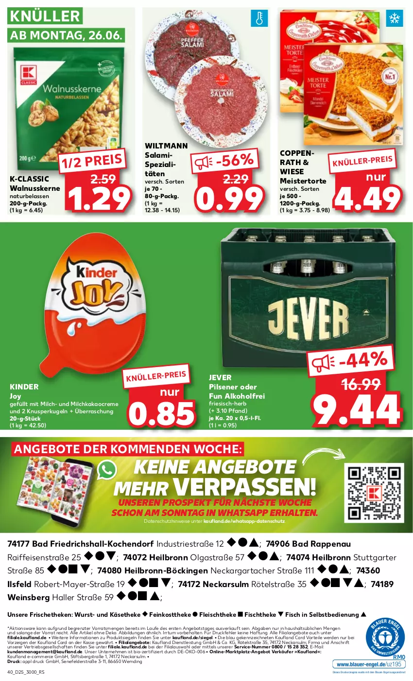 Aktueller Prospekt Kaufland - Prospekt - von 22.06 bis 28.06.2023 - strona 42 - produkty: alkohol, angebot, angebote, Astra, Bad, bio, creme, drucker, eis, Engel, erde, feinkost, feinkosttheke, fisch, fischtheke, fleisch, jever, jever pilsener, kakao, Käse, käsetheke, kerze, Kinder, Kugel, LG, Meister, milch, natur, nuss, pils, pilsener, reis, salami, Spezi, Ti, torte, walnuss, walnusskerne, wein, wiltmann, wurst, ZTE