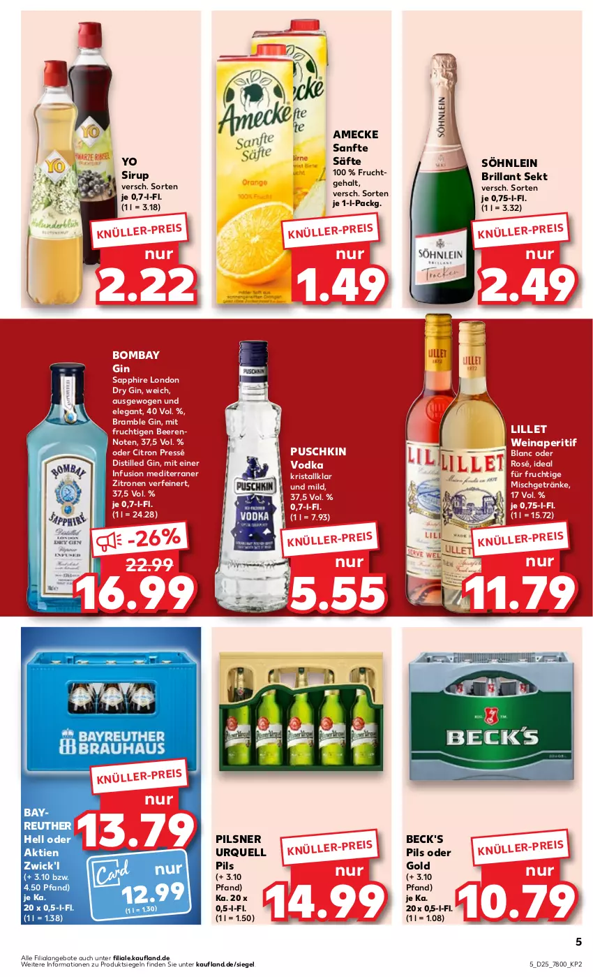 Aktueller Prospekt Kaufland - Prospekt - von 22.06 bis 28.06.2023 - strona 5 - produkty: amecke, angebot, angebote, aperitif, beck's, beere, beeren, brillant sekt, dry gin, eis, frucht, getränk, getränke, gin, lillet, london dry, london dry gin, mit frucht, pils, pilsner, pilsner urquell, puschkin vodka, säfte, sapphire, sekt, sirup, söhnlein, söhnlein brillant, Ti, vodka, wein, WICK, Yo, zitrone, zitronen