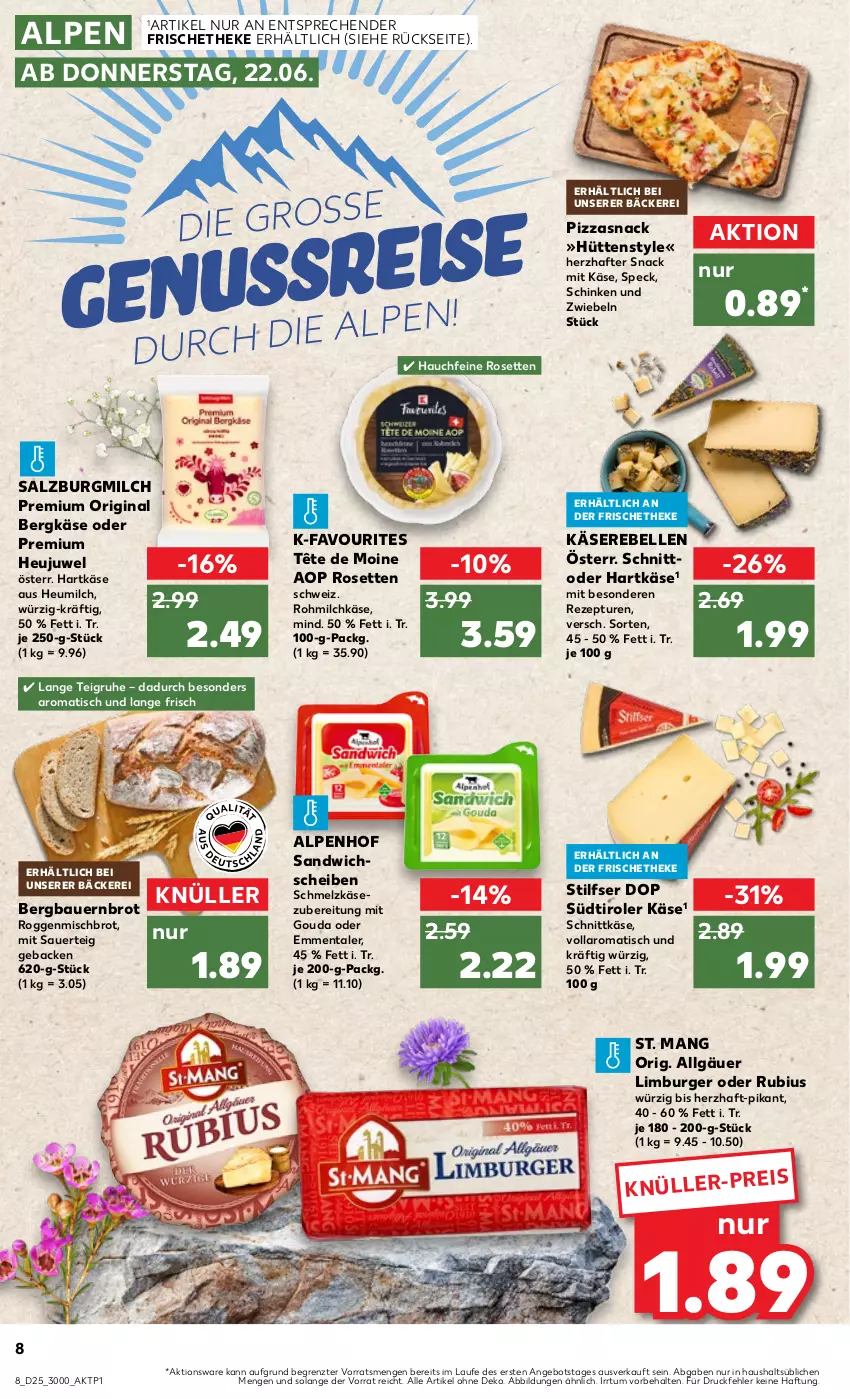 Aktueller Prospekt Kaufland - Prospekt - von 22.06 bis 28.06.2023 - strona 8 - produkty: angebot, auer, Bau, Bauer, Bergkäse, brot, burger, eis, elle, emmentaler, geback, gin, gouda, hartkäse, Heu, Heujuwel, heumilch, Käse, Käserebellen, LG, Limburger, milch, mit gouda, pizza, rebell, rezept, Rubius, salz, SalzburgMilch, sandwich, schinken, Schmelzkäse, schmelzkäsezubereitung, schnittkäse, snack, Speck, St. Mang, südtiroler, Tête de Moine, Ti, tisch, ZTE, zwiebel, zwiebeln