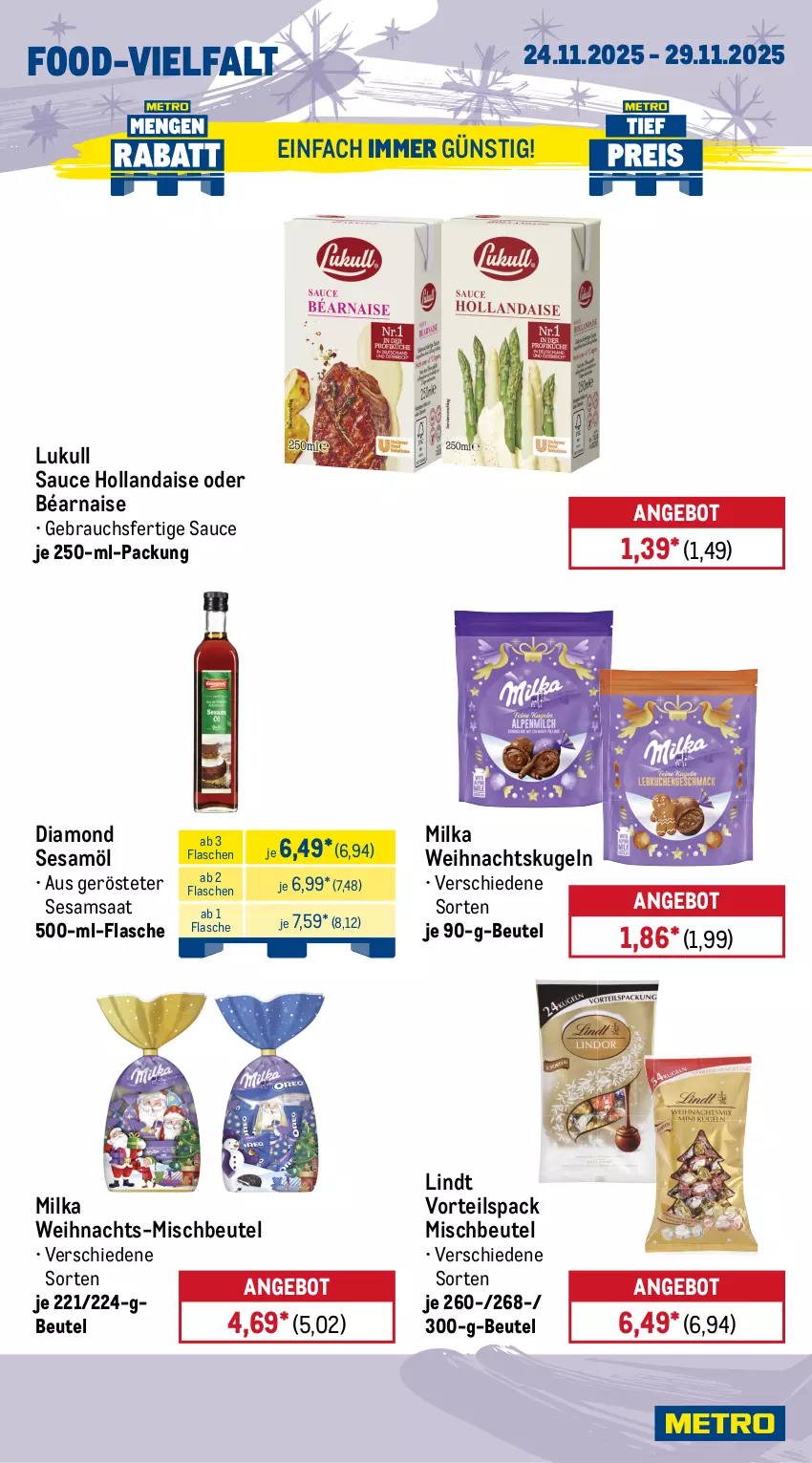 Aktueller Prospekt Metro - Wochen-Angebote - von 24.11 bis 29.11.2025 - strona 14 - produkty: angebot, bacon, beutel, eis, flasche, hollandaise, houdek, kabanos, Knödel, kuchen, kuchenmeister, Kugel, lindt, lukull, Meister, milka, Rauch, sauce, sauce hollandaise, schnitten, sesam, Sesamöl, Stollen, Ti, tulip, Weihnachtskugeln
