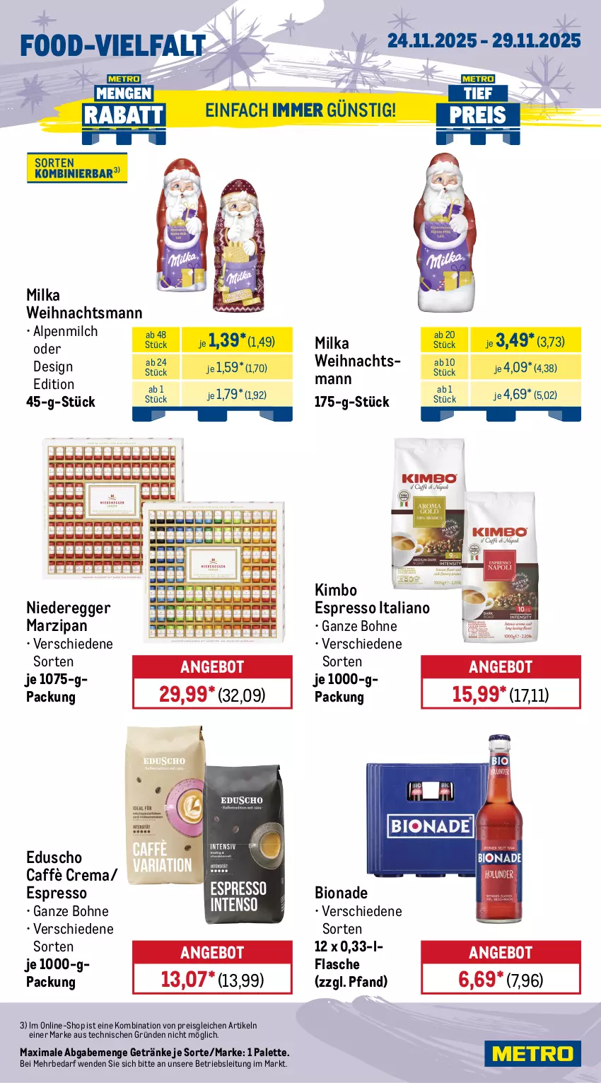 Aktueller Prospekt Metro - Wochen-Angebote - von 24.11 bis 29.11.2025 - strona 15 - produkty: alpenmilch, angebot, bio, bionade, bohne, caffè crema, coca-cola, cola, coupon, desperados, eduscho, Egger, eis, espresso, flasche, getränk, getränke, marzipan, milch, milka, Palette, pils, pilsner, pilsner urquell, reis, rum, Ti, tiefpreis