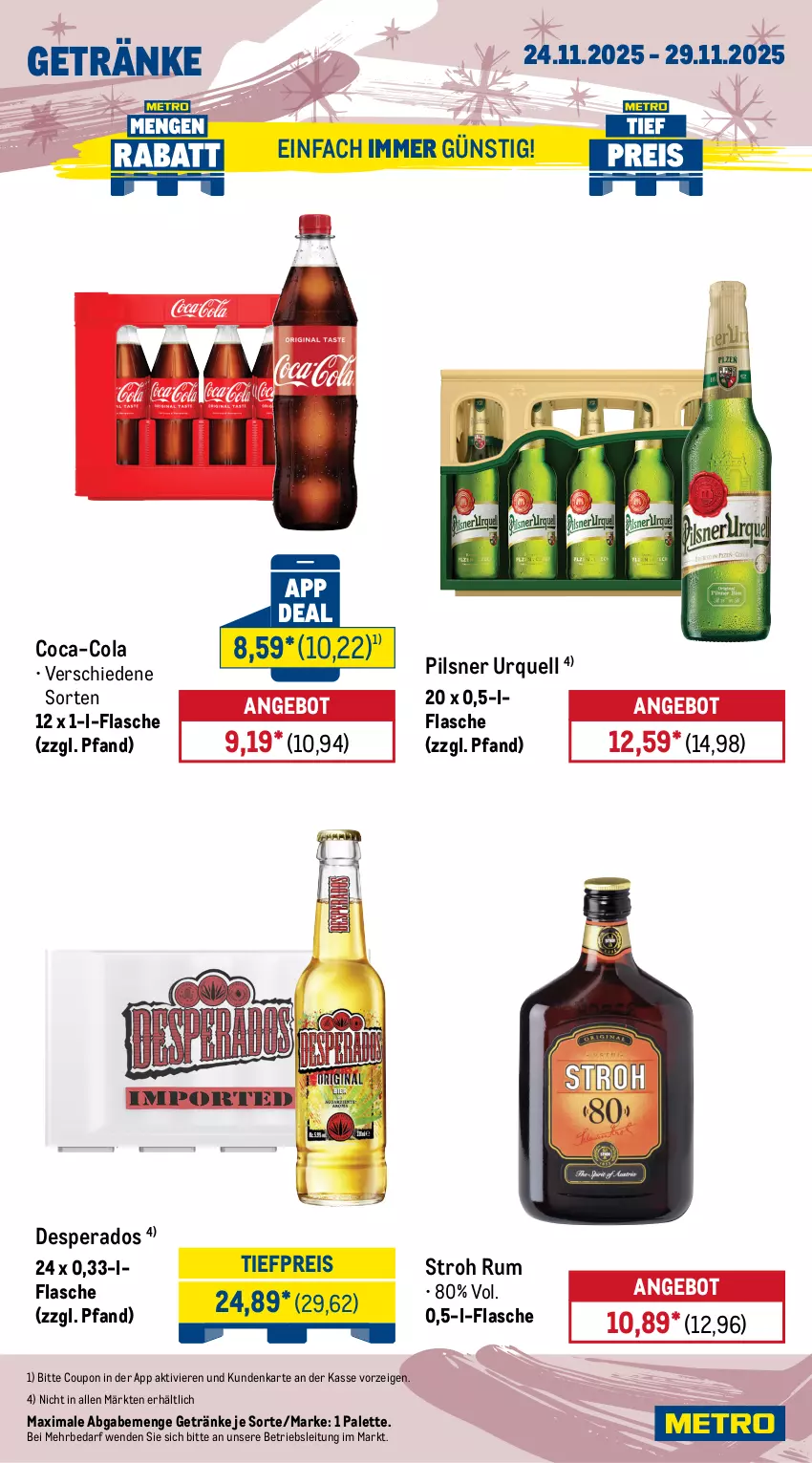 Aktueller Prospekt Metro - Wochen-Angebote - von 24.11 bis 29.11.2025 - strona 16 - produkty: alpenmilch, angebot, bio, bionade, bohne, caffè crema, coca-cola, cola, coupon, desperados, eduscho, Egger, eis, espresso, flasche, getränk, getränke, marzipan, milch, milka, Palette, pils, pilsner, pilsner urquell, reis, rum, Ti, tiefpreis