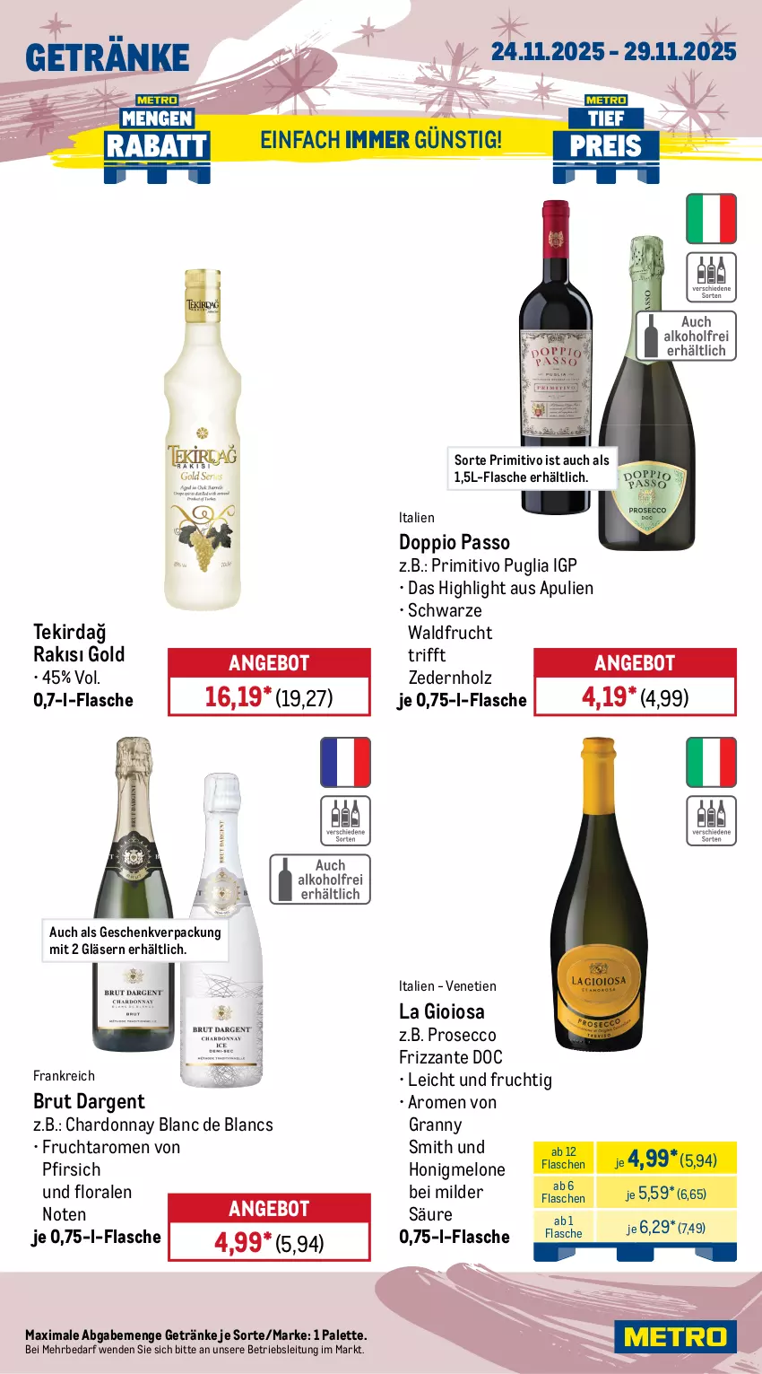 Aktueller Prospekt Metro - Wochen-Angebote - von 24.11 bis 29.11.2025 - strona 17 - produkty: alkohol, angebot, bag-in-box, Becher, brut, brut dargent, chardonnay, de blancs, doppio passo, ecco, flasche, frizzante, frucht, getränk, getränke, gin, Gläser, Glühwein, Holz, honig, honigmelone, kakao, Kinder, kirsch, kirsche, kirschen, La Gioiosa, melone, nuss, ohne alkohol, orange, orangen, Palette, passo, pfirsich, primitivo, prosecco, rotwein, Schal, Schale, Ti, wein, zitrone, zitronen