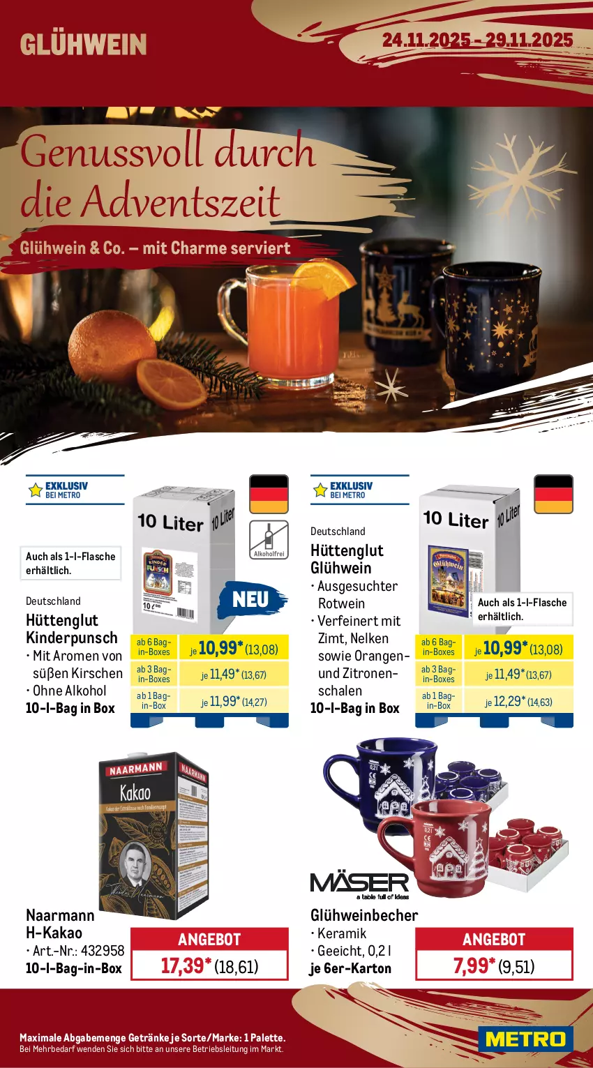 Aktueller Prospekt Metro - Wochen-Angebote - von 24.11 bis 29.11.2025 - strona 18 - produkty: alkohol, angebot, bag-in-box, Becher, brut, brut dargent, chardonnay, de blancs, doppio passo, ecco, flasche, frizzante, frucht, getränk, getränke, gin, Gläser, Glühwein, Holz, honig, honigmelone, kakao, Kinder, kirsch, kirsche, kirschen, La Gioiosa, melone, nuss, ohne alkohol, orange, orangen, Palette, passo, pfirsich, primitivo, prosecco, rotwein, Schal, Schale, Ti, wein, zitrone, zitronen