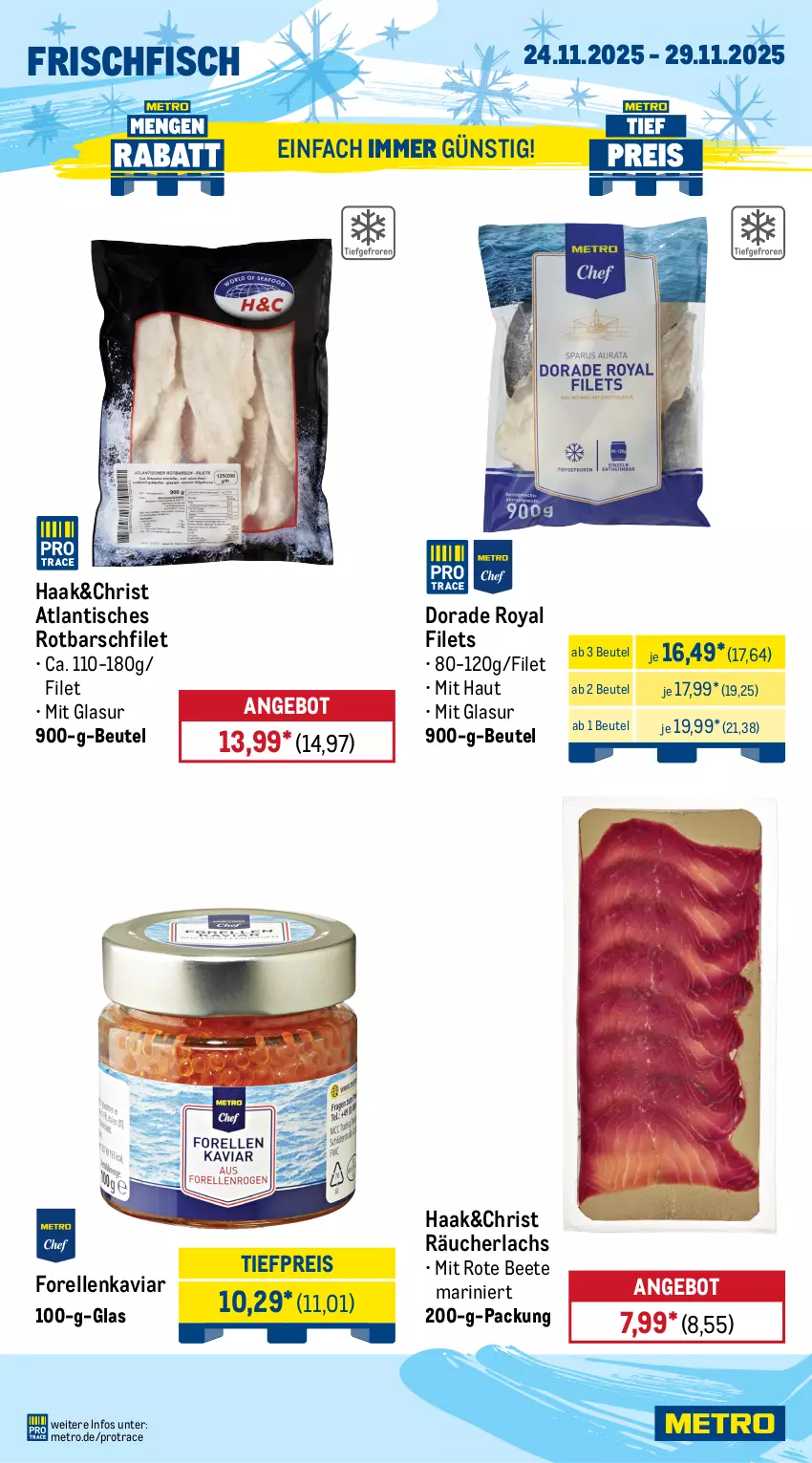 Aktueller Prospekt Metro - Wochen-Angebote - von 24.11 bis 29.11.2025 - strona 8 - produkty: angebot, beutel, Datteln, Dorade, dorade royal, eis, elle, filet, filets, fisch, forelle, frischfisch, honig, honigmelone, honigmelonen, Kaki, lachs, melone, melonen, Metro, navelina, obst, orange, orangen, Räucherlachs, reis, rel, Rotbarsch, rotbarschfilet, Ti, tiefpreis, tisch