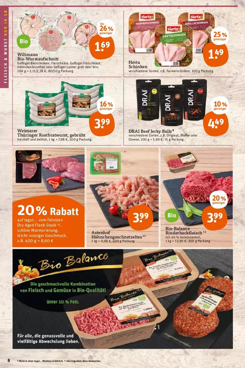 Aktueller Prospekt Tegut - Angebote der Woche - von 25.04 bis 30.04.2022 - strona 10 - produkty: angebot, angebote, aufschnitt, ball, beef, bier, bierschinken, bio, bratwurst, brustfilet, dekoration, eis, farmerschinken, filet, fleisch, fleischkäse, Geflügel, geschnetzeltes, gin, hackfleisch, hähnchenbrust, hähnchenbrustfilet, Hähnchengeschnetzeltes, herta, Käse, lyoner, mac, nuss, pfeffer, rind, rinder, rinderhackfleisch, ring, rostbratwurst, schinken, steak, thüringer rostbratwurst, Ti, wiltmann, wurst, Yo, Zelt