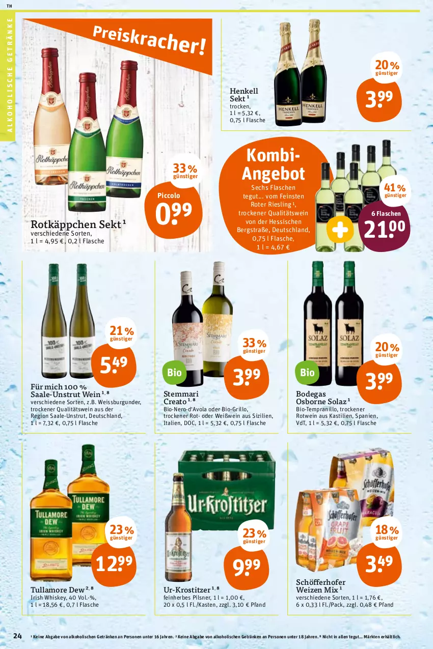 Aktueller Prospekt Tegut - Angebote der Woche - von 25.04 bis 30.04.2022 - strona 26 - produkty: alkohol, alkoholische getränke, angebot, asti, bio, burgunder, eis, flasche, getränk, getränke, grill, grillo, henkel, henkell, henkell sekt, irish whiskey, nero, olaz, osborne, pils, pilsner, qualitätswein, riesling, rotkäppchen, rotwein, schöfferhofer, sekt, tempranillo, Ti, tullamore, tullamore dew, wein, Weißwein, weizen mix, whiskey