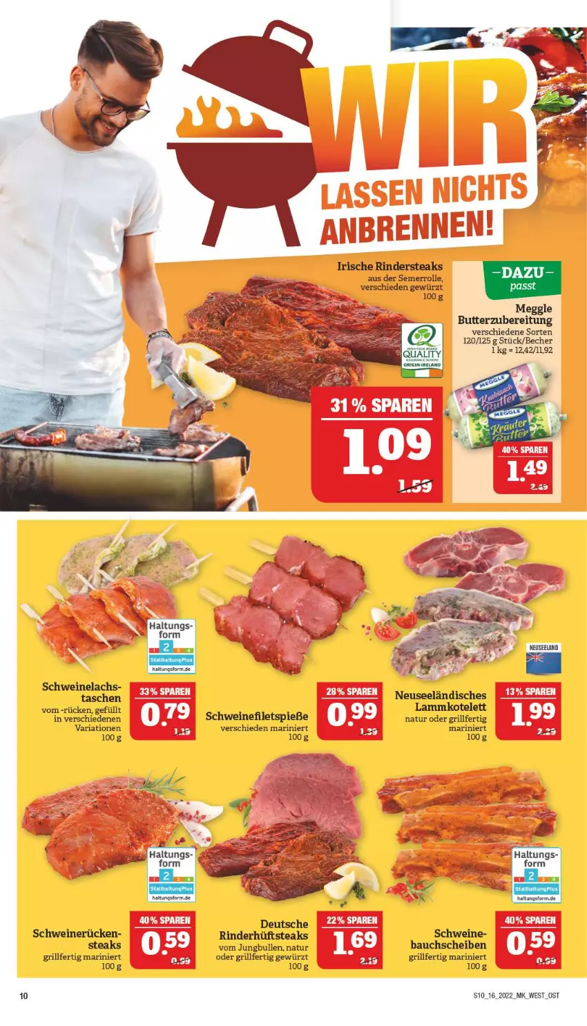 Aktueller Prospekt Marktkauf - Prospekt - von 17.04 bis 23.04.2022 - strona 10 - produkty: Bau, bauchscheiben, Becher, butter, filet, filets, gewürz, grill, hüftsteak, hüftsteaks, jungbullen, kotelett, lachs, lamm, meggle, natur, Ria, rind, rinder, Rindersteak, schwein, schweine, schweinefilet, Schweinelachs, schweinerücken, steak, steaks, Tasche, taschen, Ti, wein, weine