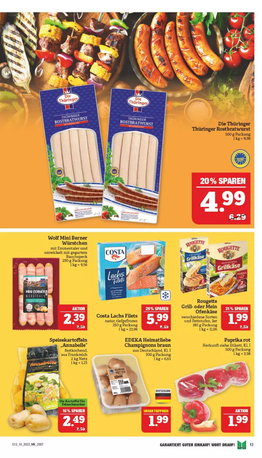 Aktueller Prospekt Marktkauf - Prospekt - von 17.04 bis 23.04.2022 - strona 13 - produkty: Bau, bratwurst, braun, champignon, champignons, champignons braun, deka, eis, elle, emmentaler, filet, filets, grill, kartoffel, kartoffeln, Käse, lachs, natur, Ofen, Ofenkäse, paprika, paprika rot, ring, rostbratwurst, rouge, rougette, Speck, speisekartoffeln, thüringer rostbratwurst, Ti, WICK, wurst, würstchen