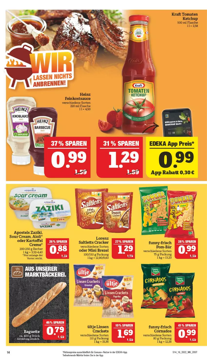 Aktueller Prospekt Marktkauf - Prospekt - von 17.04 bis 23.04.2022 - strona 14 - produkty: aioli, apostels, brezel, cracker, deka, eis, elle, feinkost, flasche, funny-frisch, heinz, ketchup, kraft, linsen, pom-bär, reis, saltletts, sauce, sour cream, tomate, tomaten, tomaten ketchup, ültje, zaziki