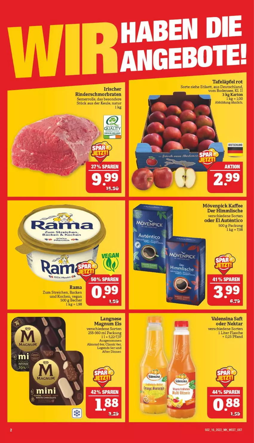 Aktueller Prospekt Marktkauf - Prospekt - von 17.04 bis 23.04.2022 - strona 2 - produkty: angebot, angebote, Becher, braten, eis, flasche, kaffee, langnese, magnum, mövenpick, mövenpick kaffee, natur, Nektar, rama, rind, rinder, saft, schmorbraten, tafeläpfel, Ti, valensina, vita