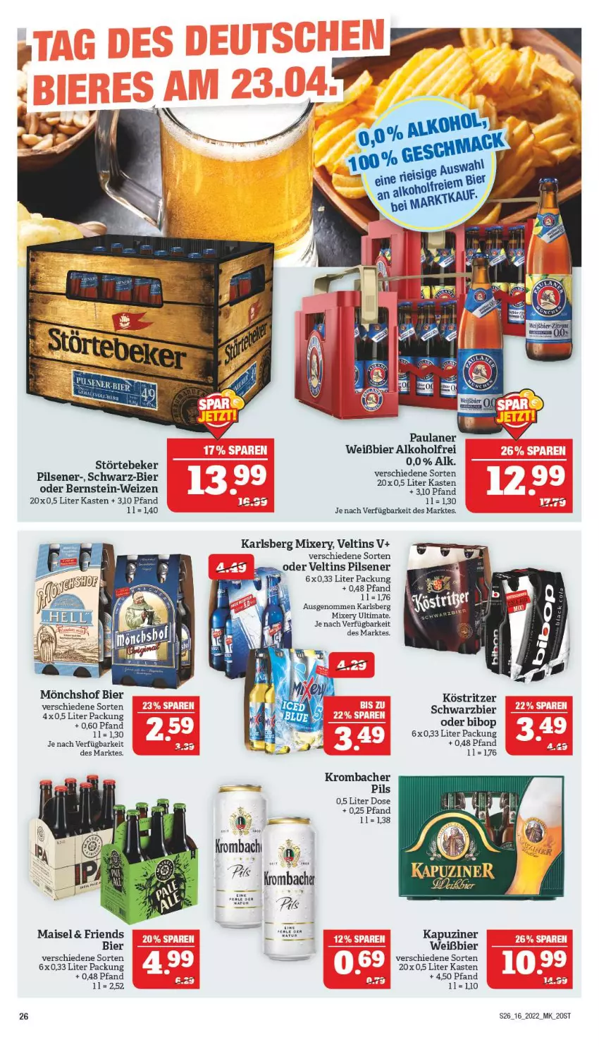 Aktueller Prospekt Marktkauf - Prospekt - von 17.04 bis 23.04.2022 - strona 26 - produkty: alkohol, bier, karlsberg, karlsberg mixery, köstritzer, krombache, krombacher, mais, Mixer, mixery, mönchshof, pils, pilsener, störtebeker, Ti, veltins, veltins pilsener