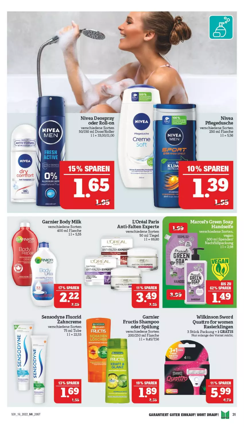 Aktueller Prospekt Marktkauf - Prospekt - von 17.04 bis 23.04.2022 - strona 31 - produkty: anti-falten experte, body, body milk, creme, deo, deospray, dusche, flasche, fructis, garnier, nivea, pflegedusche, Rasierklinge, rasierklingen, roll-on, Roller, sensodyne, sensodyne fluorid, shampoo, shampoo oder spülung, spülung, tee, Ti, wilkinson, zahncreme