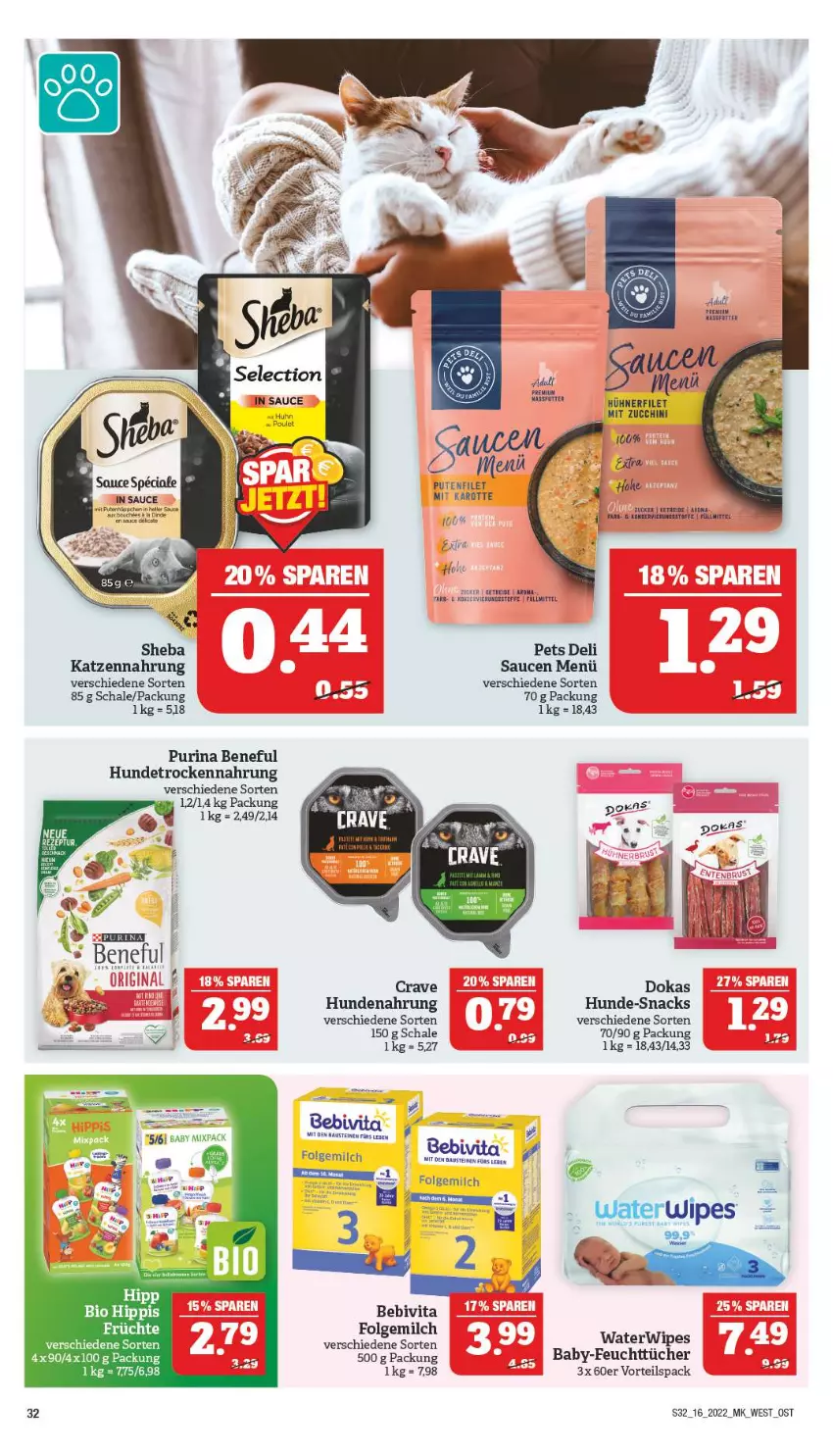 Aktueller Prospekt Marktkauf - Prospekt - von 17.04 bis 23.04.2022 - strona 32 - produkty: aust, Bau, bebivita, bio, feuchttücher, filet, folgemilch, früchte, hipp, hühner, Hühnerfilet, hundenahrung, Hundetrockennahrung, katzennahrung, LG, milch, nerf, purina, pute, sauce, saucen, Schal, Schale, sheba, snack, snacks, Ti, Trockennahrung, tücher, uhr, vita, zucchini, zucker