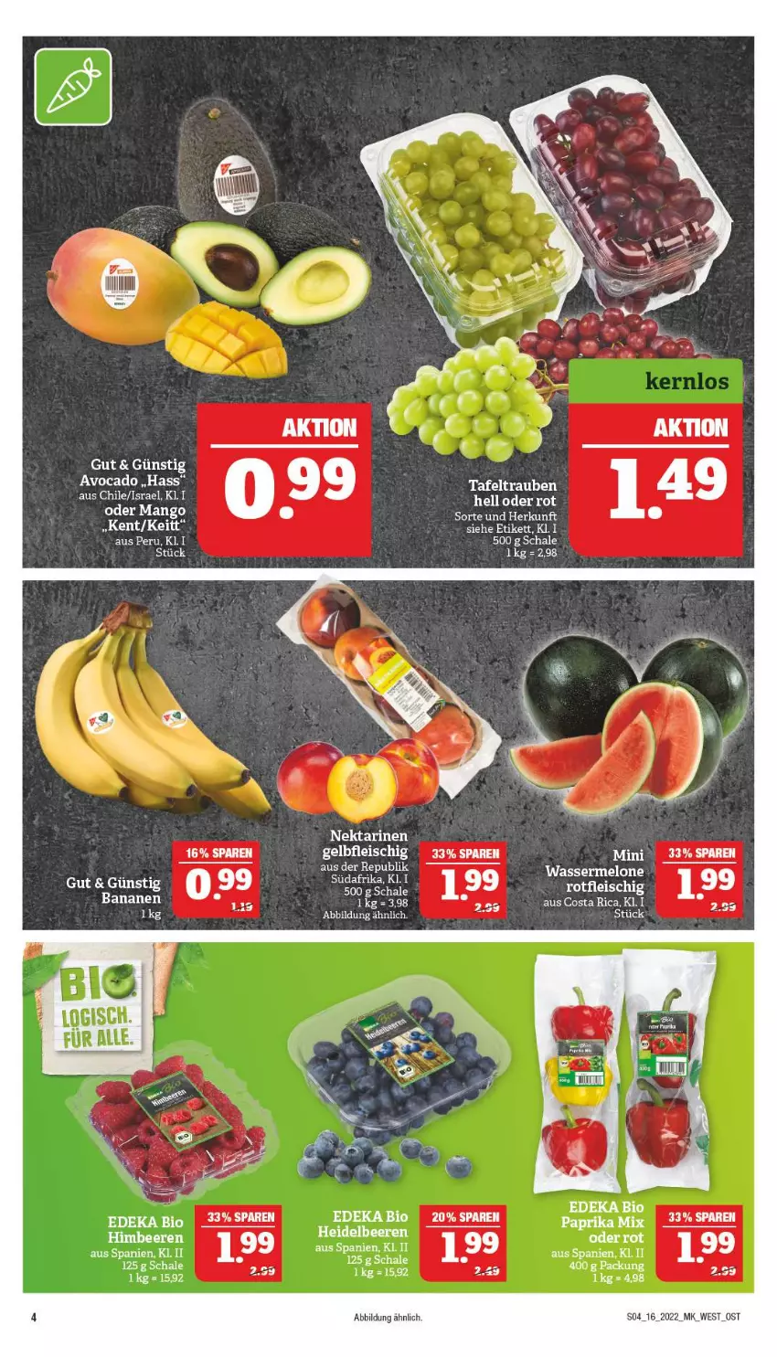 Aktueller Prospekt Marktkauf - Prospekt - von 17.04 bis 23.04.2022 - strona 4 - produkty: avocado, banane, bananen, beere, beeren, bio, deka, edeka bio, eis, fleisch, himbeer, himbeere, himbeeren, mango, melone, Nektar, nektarinen, Schal, Schale, tafeltrauben, Ti, trauben, wasser, wassermelone