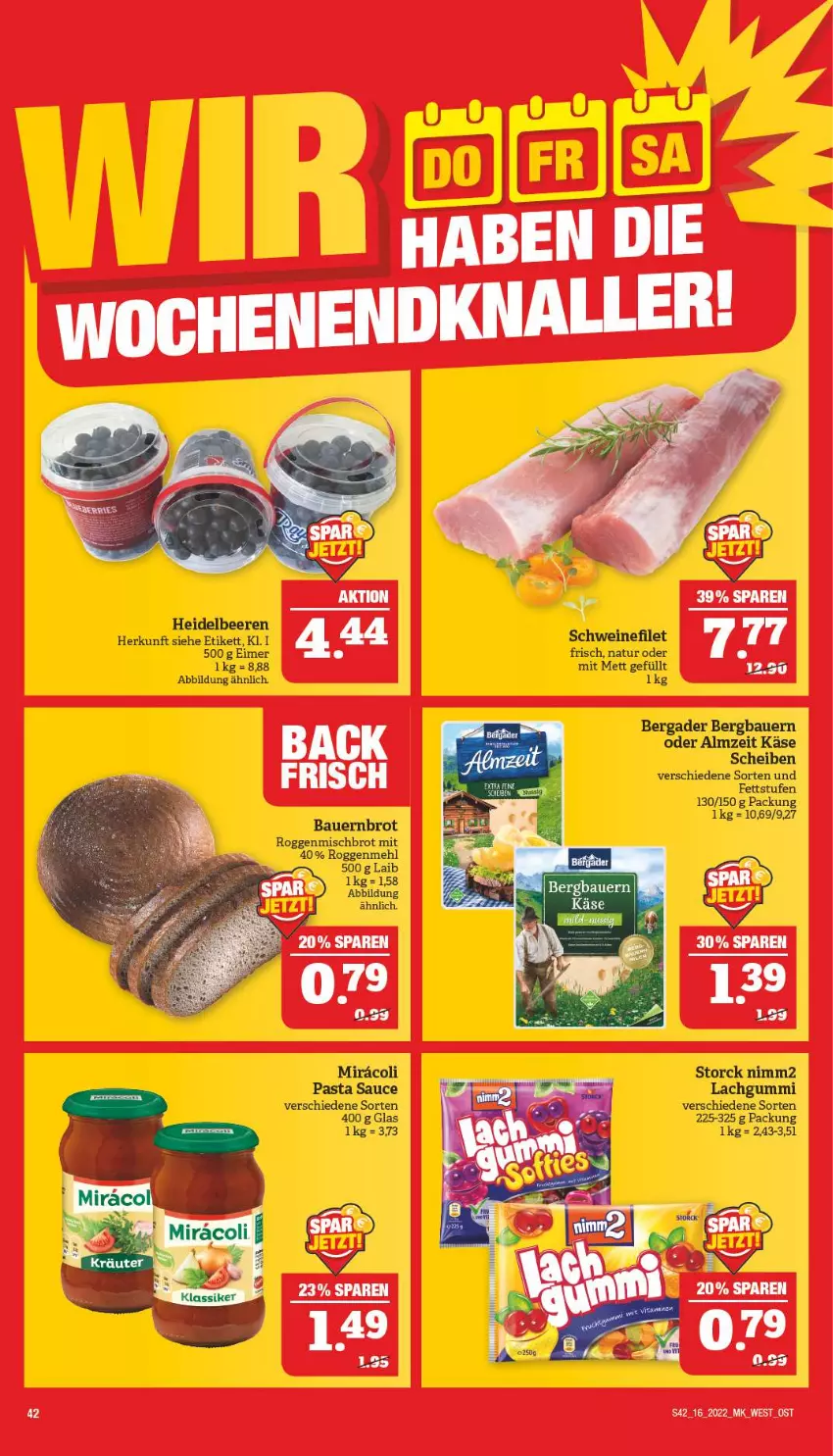 Aktueller Prospekt Marktkauf - Prospekt - von 17.04 bis 23.04.2022 - strona 42 - produkty: auer, Bau, Bauer, beere, beeren, bergader, brot, eimer, filet, heidelbeere, heidelbeeren, Käse, lachgummi, mehl, Mett, natur, nimm2, pasta, Pasta Sauce, sauce, schwein, schweine, schweinefilet, storck, Ti, wein, weine