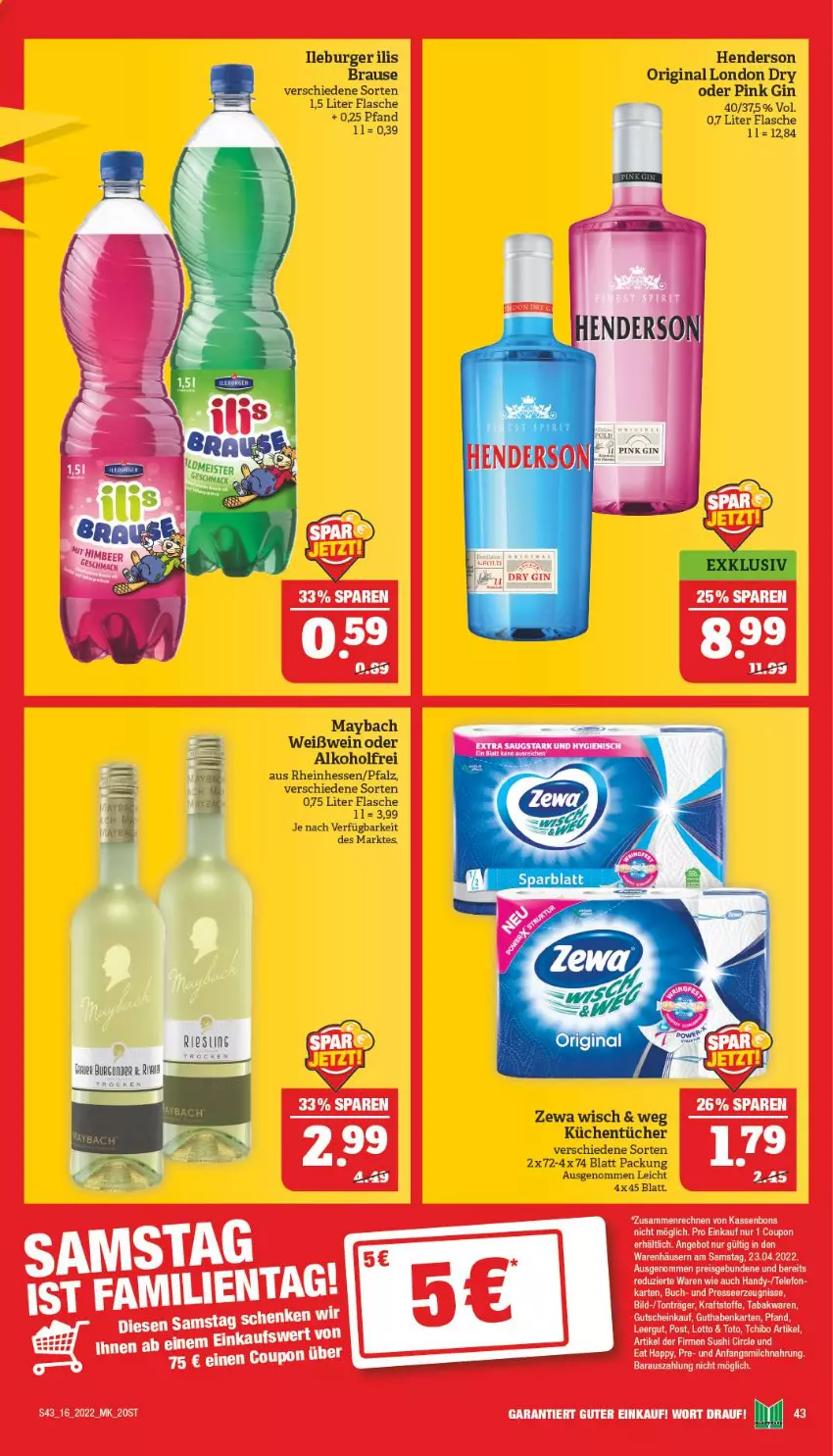 Aktueller Prospekt Marktkauf - Prospekt - von 17.04 bis 23.04.2022 - strona 43 - produkty: alkohol, brause, burger, burgunder, enders, flasche, gin, küche, london dry, maybach, Ti, tücher, wein, Weißwein, zewa