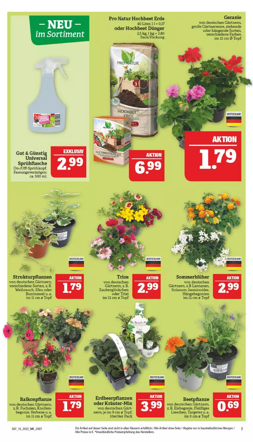 Aktueller Prospekt Marktkauf - Prospekt - von 17.04 bis 23.04.2022 - strona 7 - produkty: Begonie, dünger, eis, elle, Erdbeerpflanze, erde, flasche, geranie, kräuter, natur, oder kräuter, pflanze, pflanzen, Rauch, reis, sac, sprühflasche, teller, Ti, topf, zauberglöckchen