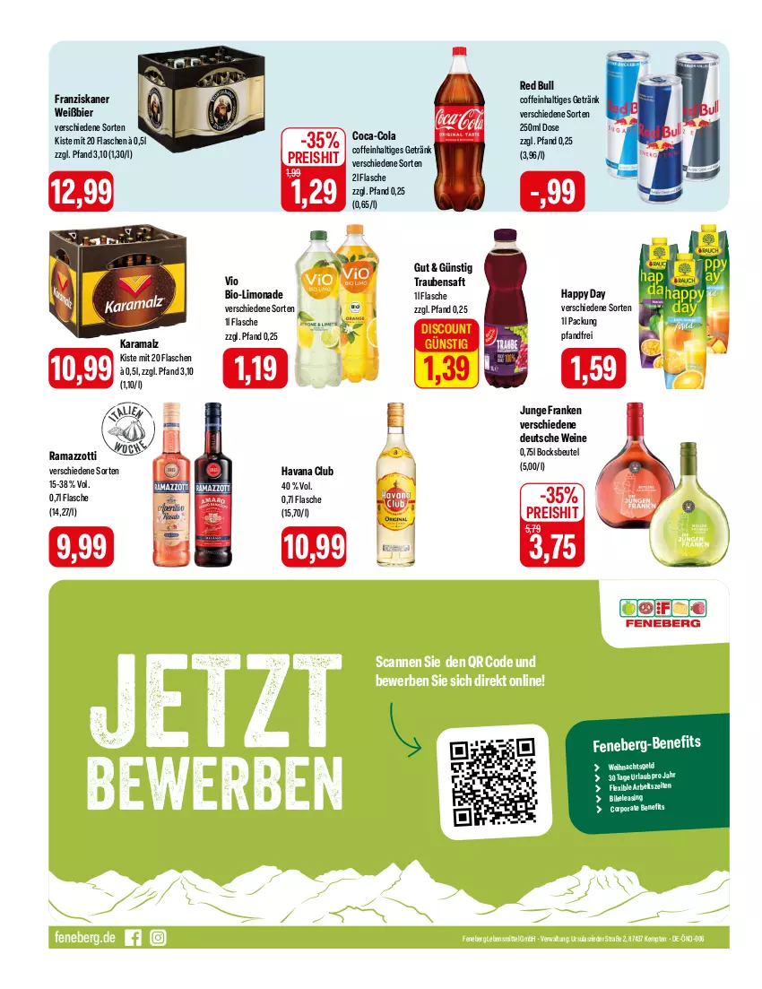 Aktueller Prospekt Feneberg - Prospekte - von 18.01 bis 20.01.2024 - strona 12 - produkty: beutel, bier, bio, coca-cola, coffein, cola, discount, eis, flasche, franziskaner, getränk, Happy Day, Havana Club, karamalz, lebensmittel, limo, limonade, malz, rama, ramazzott, ramazzotti, red bull, reis, saft, Ti, trauben, Traubensaft, wein, weine, zott