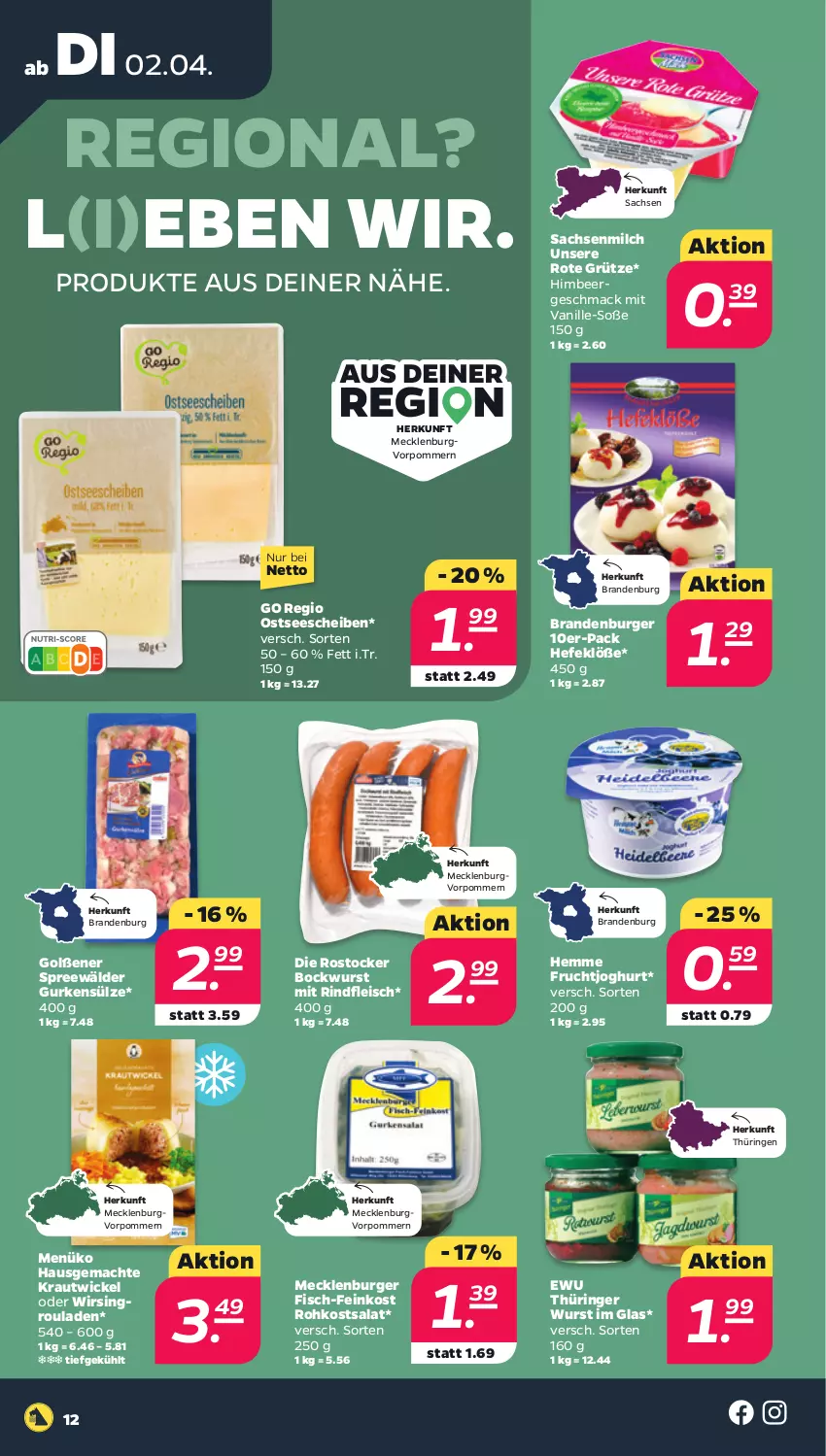 Aktueller Prospekt Netto - Woche 14 - von 01.04 bis 06.04.2024 - strona 12 - produkty: bockwurst, burger, eis, feinkost, fisch, fleisch, frucht, fruchtjoghurt, grütze, gurke, gurken, Hefe, himbeer, joghur, joghurt, Kraut, mac, milch, rind, rindfleisch, ring, Rostocker, Rote Grütze, rouladen, sac, salat, Soße, spreewälder, Ti, vanille, WICK, Wirsing, wurst