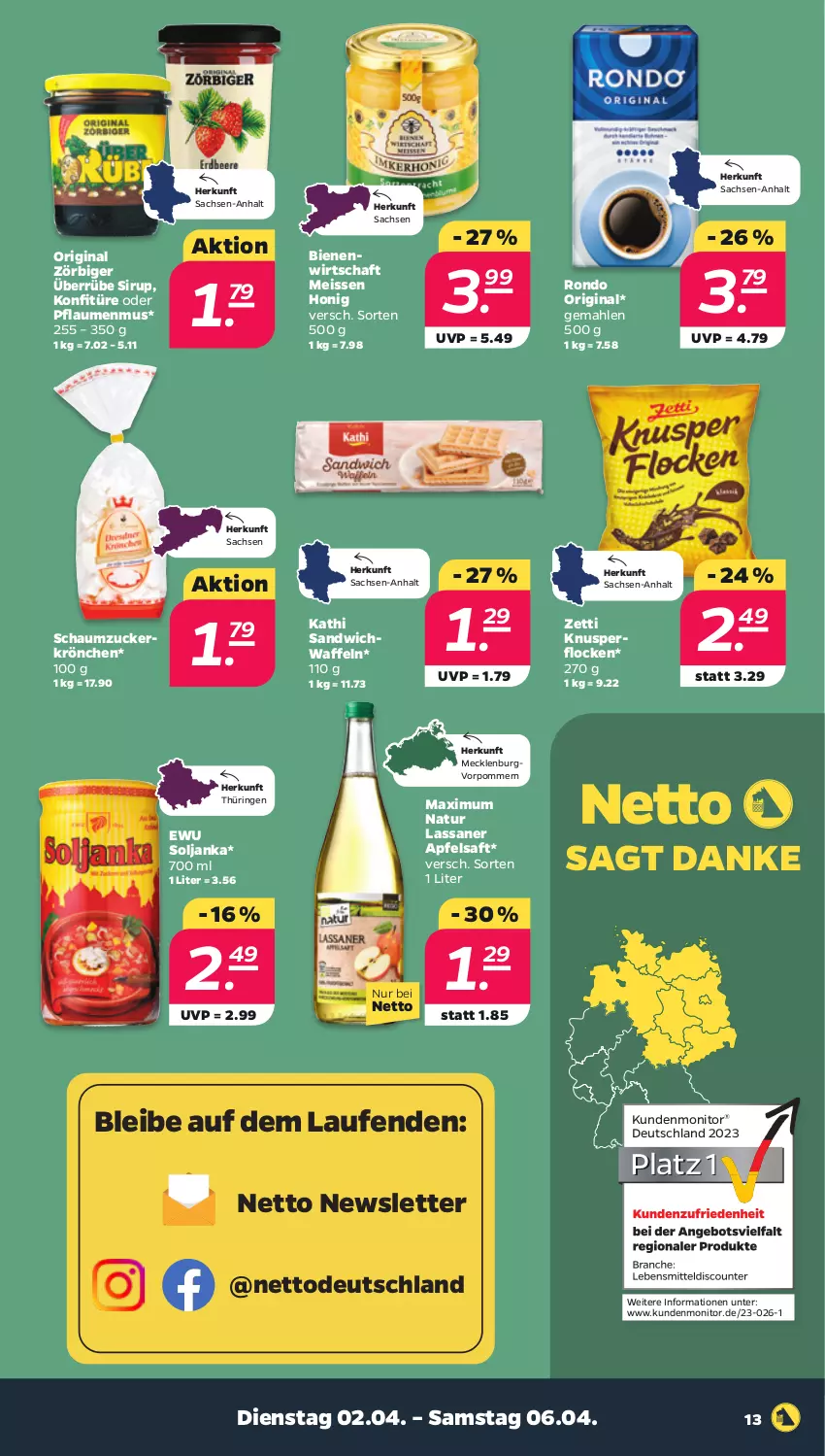 Aktueller Prospekt Netto - Woche 14 - von 01.04 bis 06.04.2024 - strona 13 - produkty: apfel, apfelsaft, eis, gin, honig, Knusperflocken, konfitüre, Laufen, maximum natur, monitor, natur, pflaume, pflaumen, pflaumenmus, ring, sac, saft, sandwich, Schaumzucker, sirup, Ti, waffeln, zucker